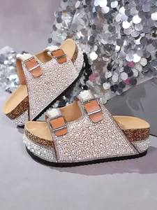 Women's Rhinestone Wedge Sandals, Metal Buckle Strap Fashion Summer Outdoor Shoes, Comfortable Beach Vacation Slippers