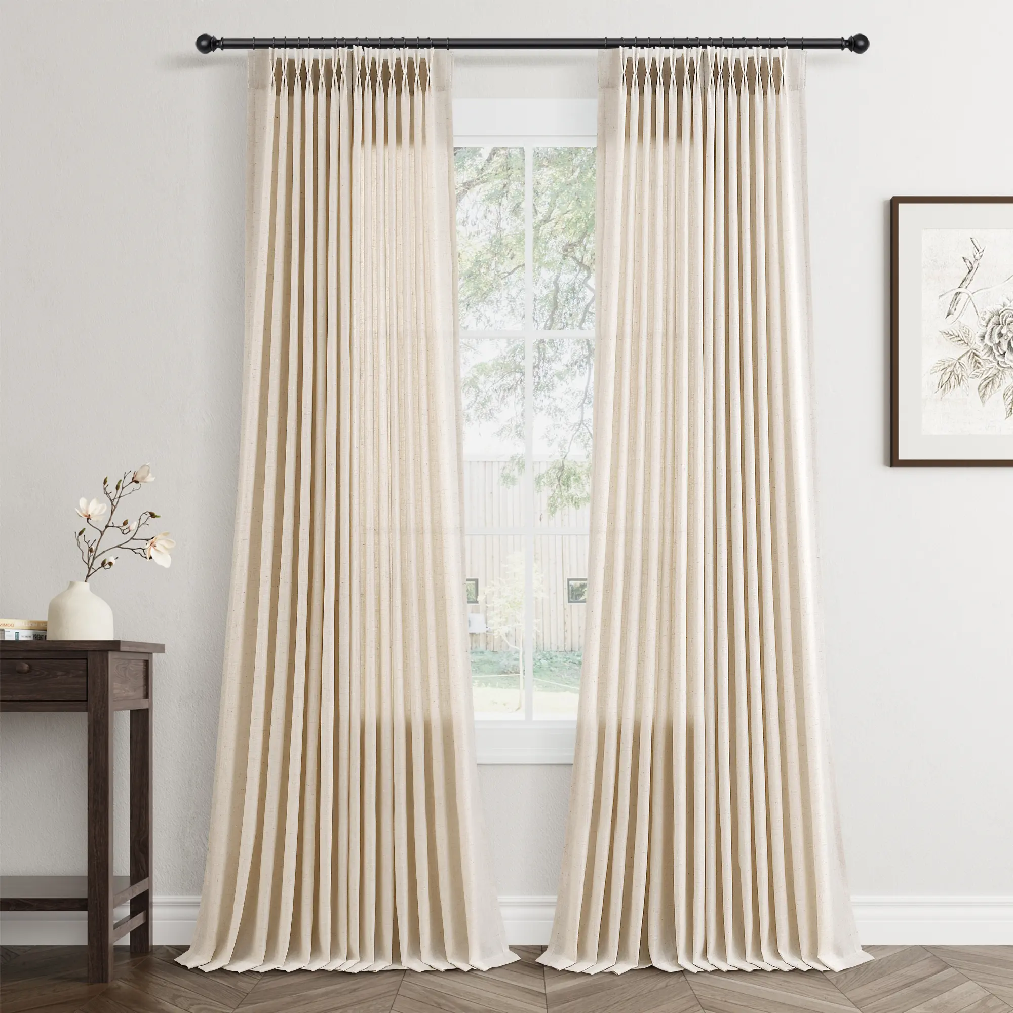 Jowels  2 Panels Pinch Pleated Linen Curtains for Living Room Semi Sheer Curtains Light Filtering,Back Tab Hooks Rings,Soft Privacy Bedroom Window Drapes,Farmhouse Boho