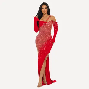Red Off-Shoulder Rhinestone Gown – Luxury One-Sleeve Slit Evening Dress