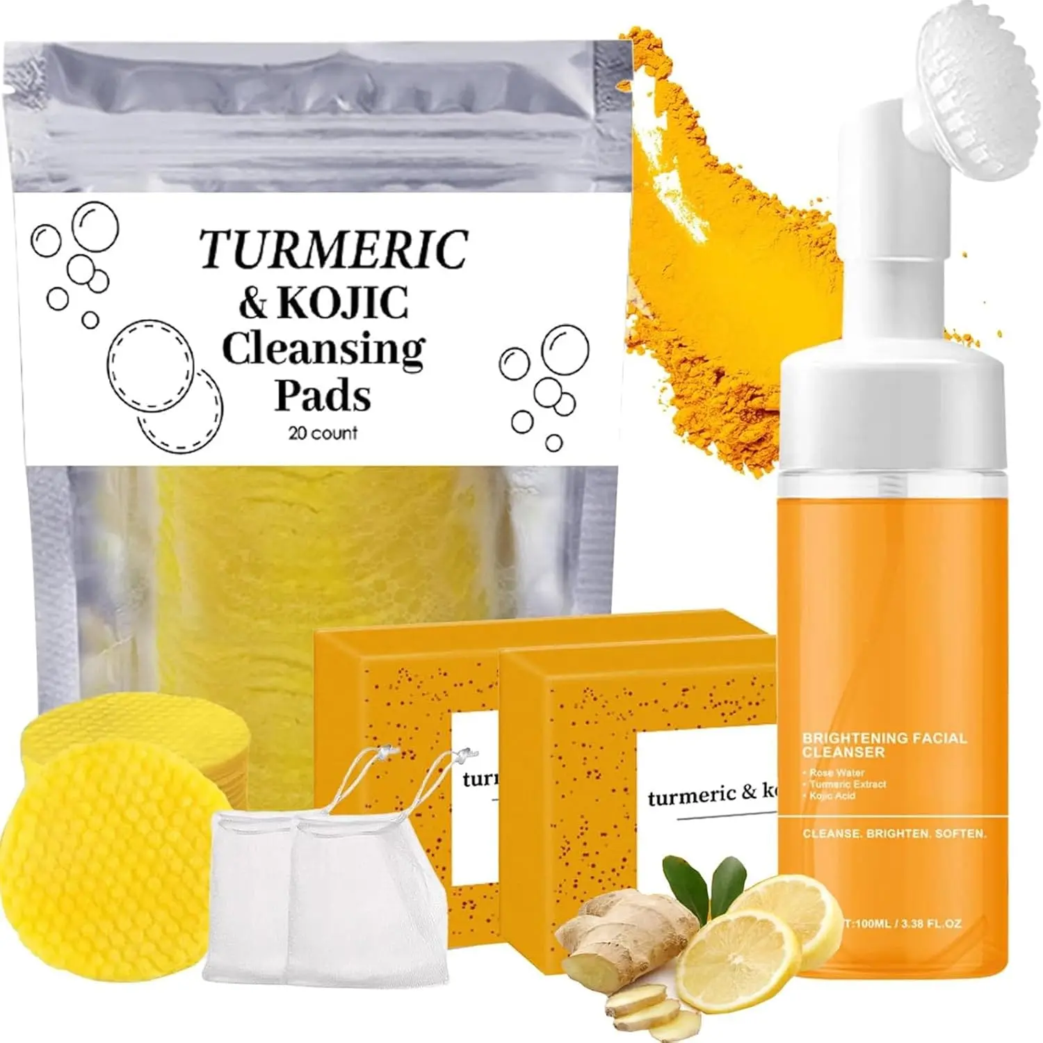 Turmeric Skincare Bundle - 4Pcs Set: 3-Piece Wash & Care Trio (Facial Wash, Cleansing Mousse, Soap), Exfoliating Pads for Face & Body Natural Care
