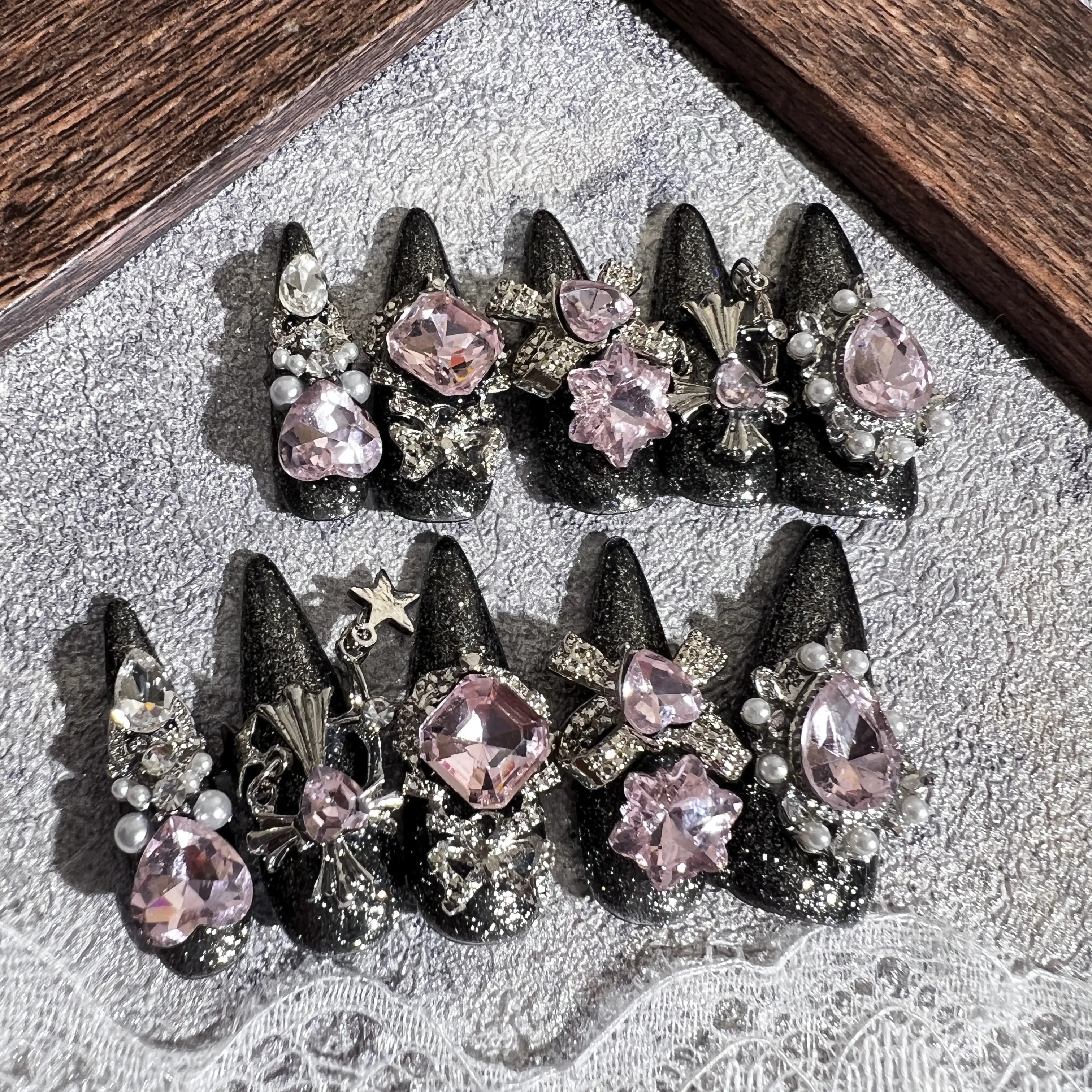Black Society Princess Luxury Press On Nail Stiletto Shape Bling Black Pink Charms