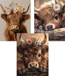 5D DIY Full Drill Diamond Painting Kit Highland Cow with Flower Crown 3-Piece Set Art Craft for Adults Home Wall Decor