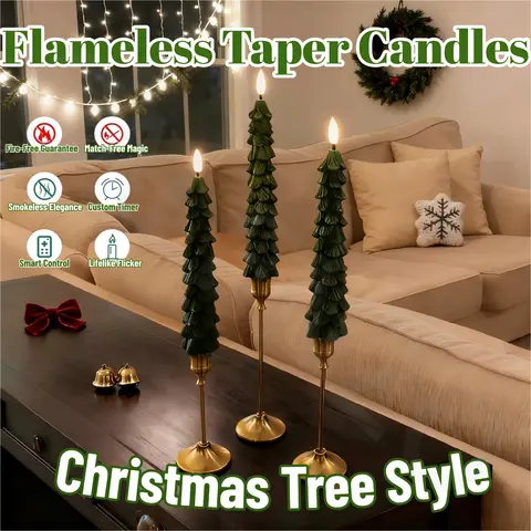 3 x Flameless Taper Candles (11.8in) - Cordless Battery-Operated LED Christmas Decorations Indoor with 3D Wick Flickering, Remote, Timer Modes, Tree Shape, Paraffin Wax for Bedroom Christmas Decor Home Supplies