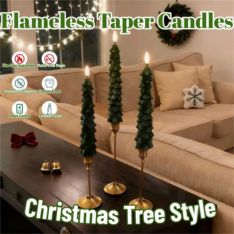 3 x Flameless Taper Candles (11.8in) - Cordless Battery-Operated LED Christmas Decorations Indoor with 3D Wick Flickering, Remote, Timer Modes, Tree Shape, Paraffin Wax for Bedroom Christmas Decor Home Supplies
