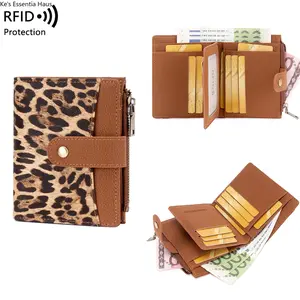 Viral Leopard Print RFID Wallet Trendy Vegan Leather Bifold Purse Snap Closure Zipper Pocket Multiple Card Slots Anti-Theft Credit Card Holder For Women Men Daily Travel Carry
