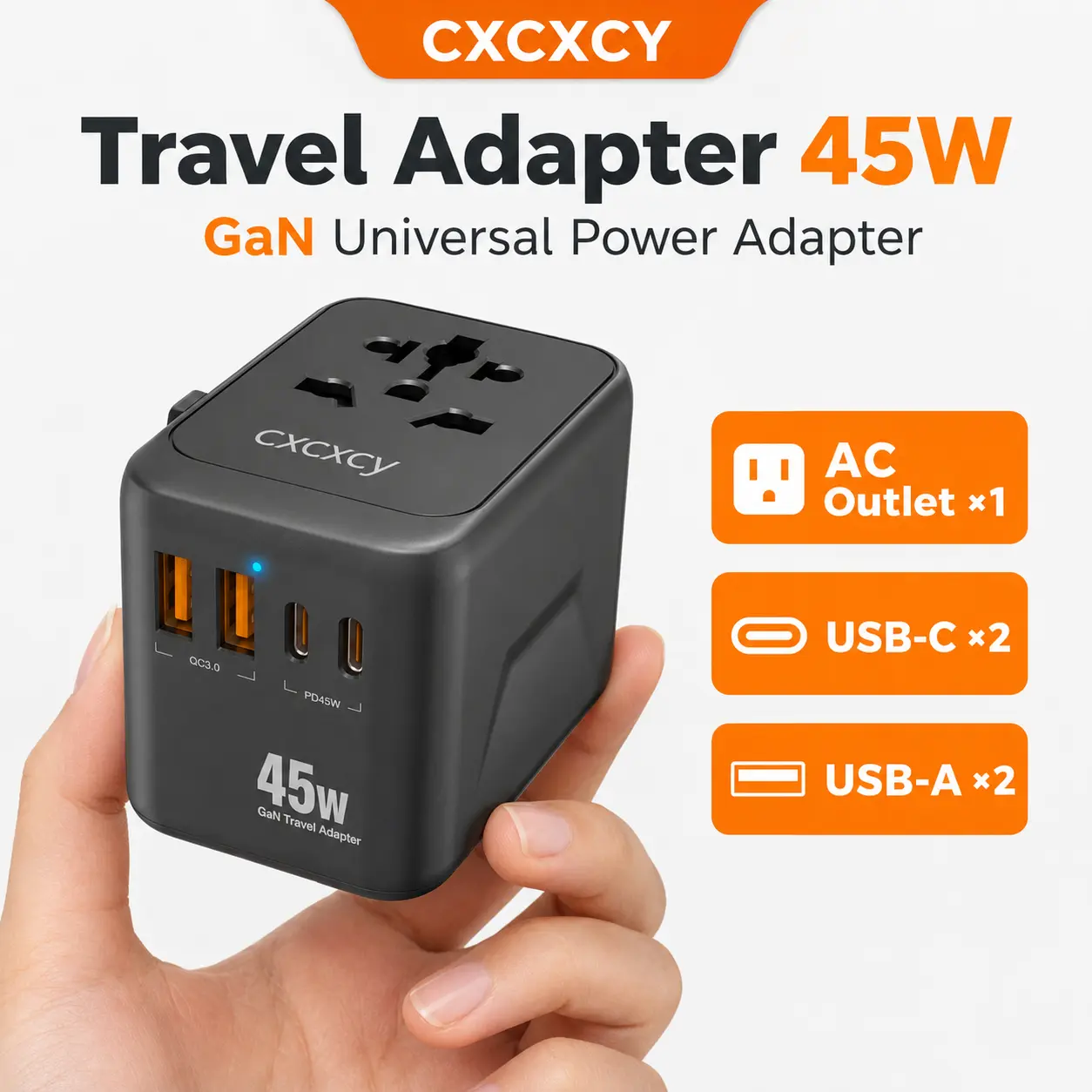 CXCXCY 45W GaN Portable Universal Travel Power Adapter - 2 USB-C Ports, 2 USB-A Ports, 1 AC Outlet for Mobile Devices (US, EU, UK, AU Compatible)