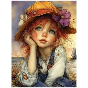 Fresh Coastal Red Haired Girl Resting Chin On Hand With Flower Hat And Purple Flowers Art Painting Diamond Painting 5D DIY Diamond Painting Kit Full Drill Square Round Diamonds Embroidery Craft Home Wall Decor Unique Gift Handmade Decorative Painting Set