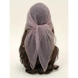 Elegant Sheer Tulle Headscarf with Rhinestone Embellishments and Intricate Floral Embroidery Lightweight Breathable for Everyday Wear and Formal Events