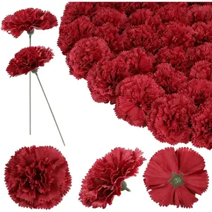 24pcs Artificial Silk Carnation Flowers Heads 24pcs with Stems, 3.8" Faux Carnations Flowers for Wedding Bouquets Party Decor DIY Crafts Centerpiece Arrangements (Wine Red)