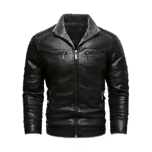 Warm Fleece PU Jacket, Men's Casual Zipper Pockets Stand Collor Faux Leather Jacket For Fall Winter