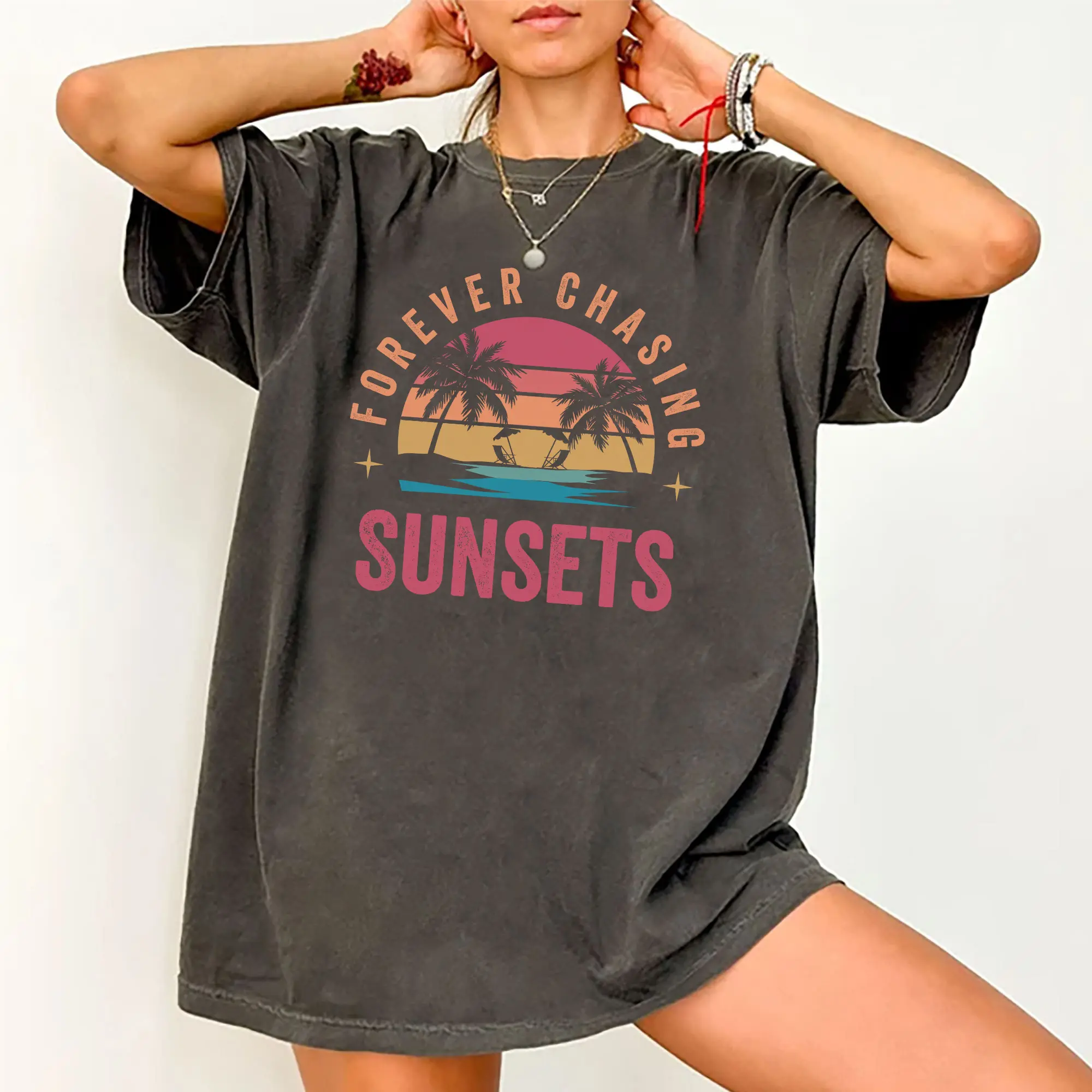 Forever Chasing Sunsets Shirt, Retro Summer Graphic Women Tee, Holidays Beach Printed Unisex Shirt, Aesthetic Tropical Tee, Comfy Fabric Oversized Graphic Tee, Women's Tops, Womenswear Cotton Fabric Relaxed Fit Chic Style