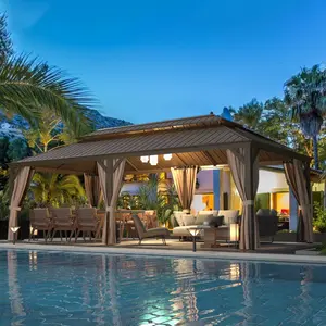 12'×24' Pergola with Netting & Curtains - Hardtop Gazebo, Galvanized Steel Double Roof & Rustproof Aluminum Frame, Large Outdoor Metal Shelter for Patio, Garden, Backyard, Lawn