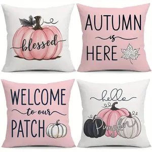 4pcs, Welcome to Our Patch Throw Pillow Covers Pink Black And White Pumpkin Eucalyptus Leaves Cushion Case Fall Thanksgiving Day Farmhouse Decorations for Sofa Couch Livingroom, Single-sided Printing Without Pillow Core