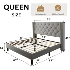 iPormis Queen Size Platform Bed Frame with Button Tufted Headboard, Upholstered Bed Frame with Solid Wooden Slats, 8" Underbed Space, No Box Spring Needed, Noise Free, Easy Assembly, Light Gray
