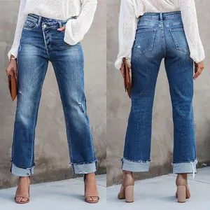 Women’s high-waisted straight-leg jeans, off-road elastic casual camisole, elderly pants