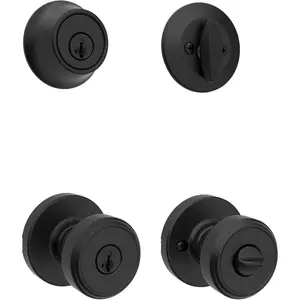 Front Door Lock Handle and Deadbolt Set, Entry Handleset Round Exterior with Interior Door Knob, Secure Locking Deadbolt, Matte Black, with Microban Protection