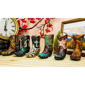 Rustic Western Crosses Tooled Leather Finish Mini Cowboy Boots Figurine Set Of 6