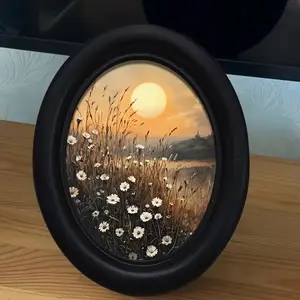 1count, Rustic 3D Sunset & Chrysanthemum Wooden Photo Frame - 6.8x8.7 Inch Oval Wall Decor with Black Frame, Perfect for Home & Office Holiday Decor, Countryside Style, Home Decor Accent | Natureinspired Design | Artistic Frame, Home Decor Accessory