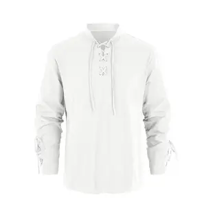 Men's Medieval Shirt Viking Costume Lace-Up Shirt Renaissance Victorian Steampunk Pirate Stand-Up Collar Cosplay Tops Menswear Clothing