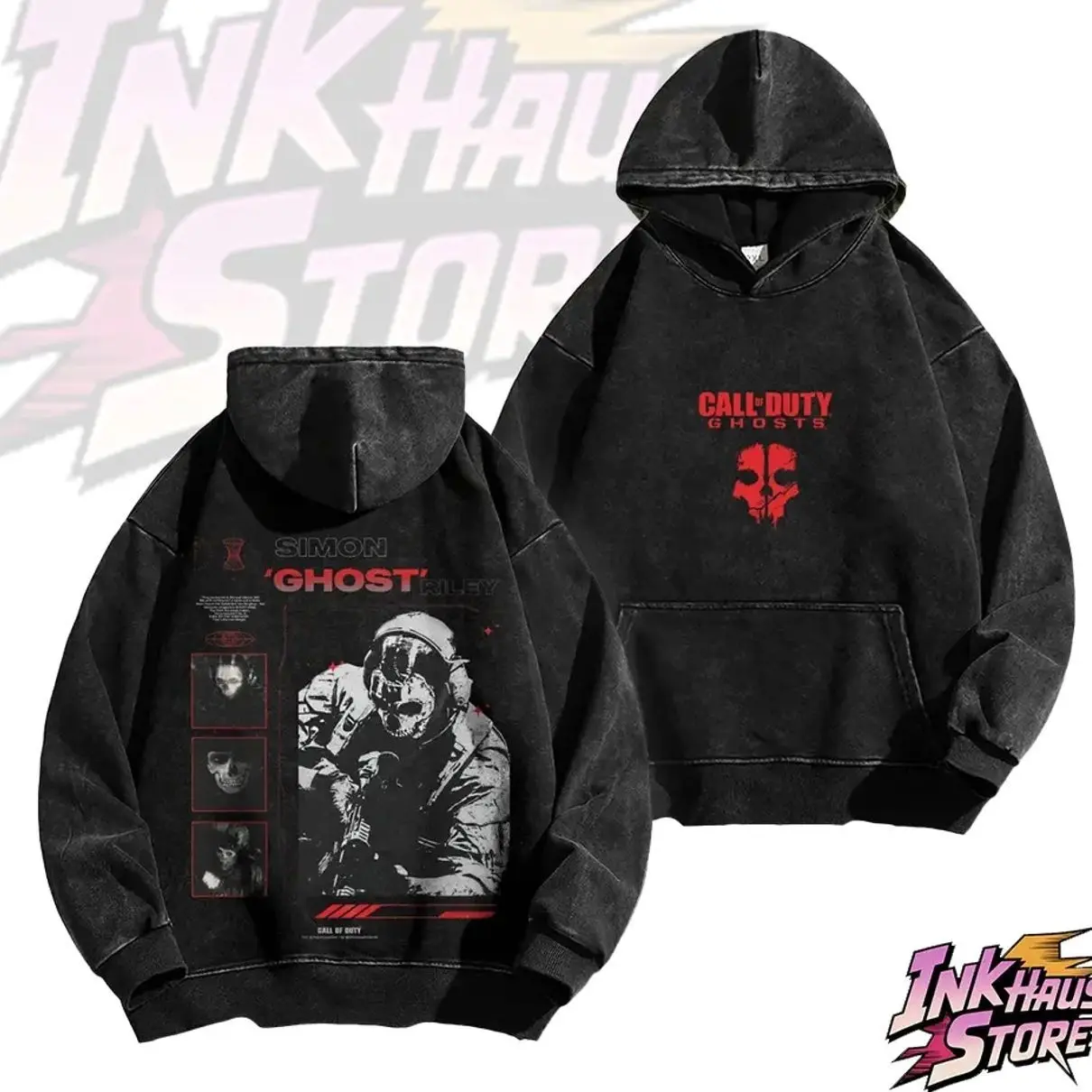 COD acid wash hoodie sweatshirt, featuring a print of the character Simon "Ghost" Riley -Long Sleeve Unisex Vintage Retro Style 841