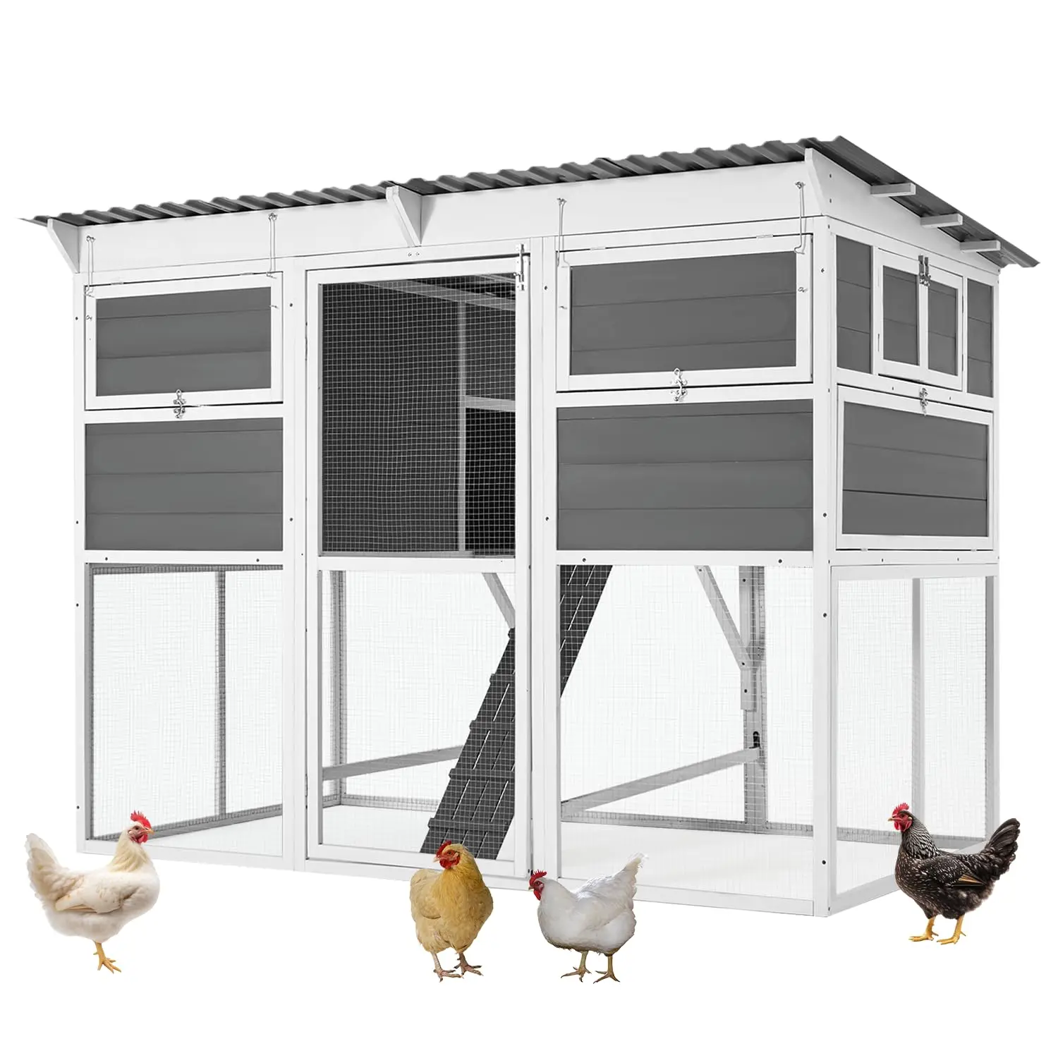 Spacious 83'' Wooden Chicken Coop with Run, 6 Nesting Boxes & Roost Bar, Outdoor Backyard Hen House Cage for 6-10 Chickens