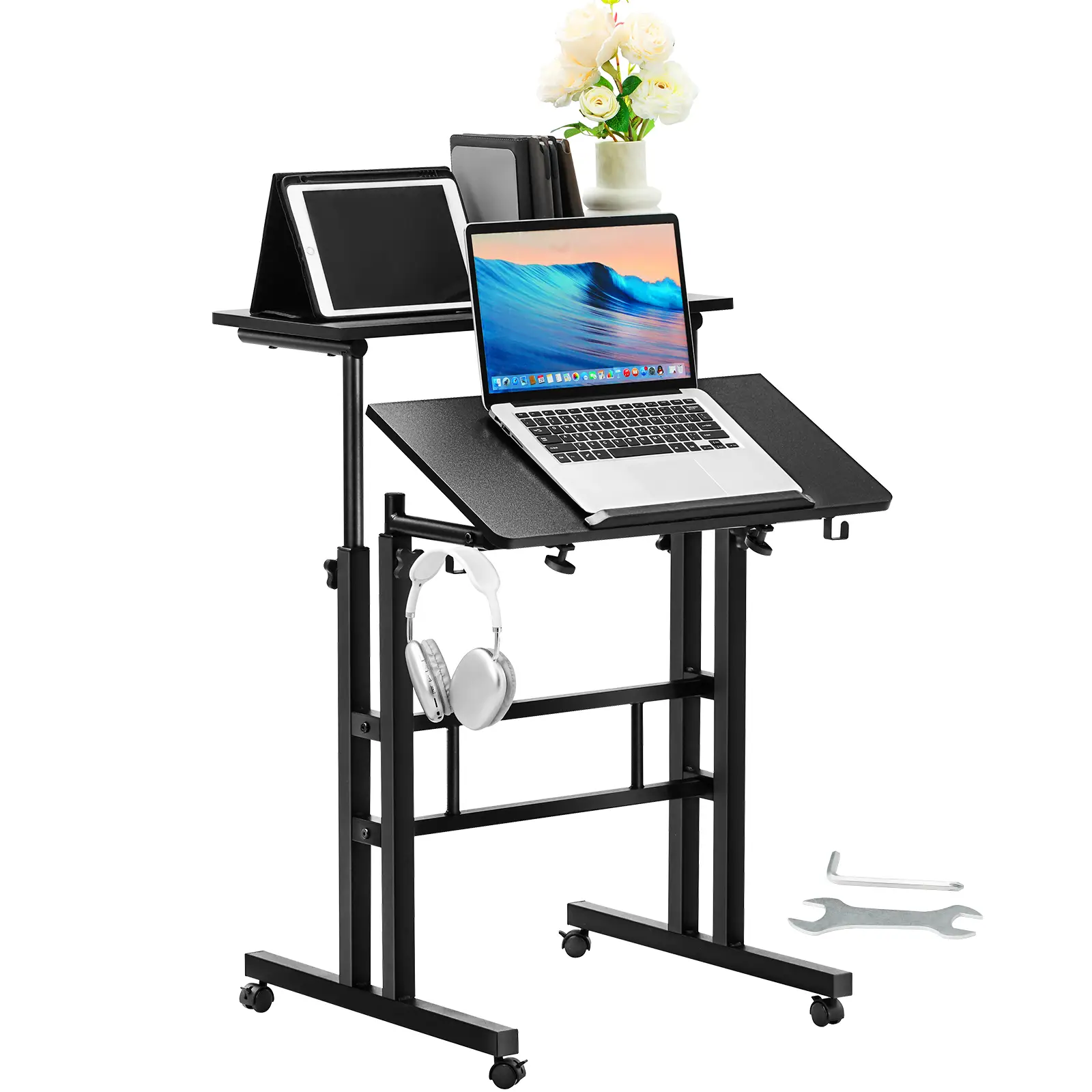 VEVOR Mobile Standing Desk, 26.4"-44.9" Gas-Spring Height Adjustable Sit-Stand Desk, Home Office Rolling Laptop Table 360° Swivel Wheels (4 Lockable),