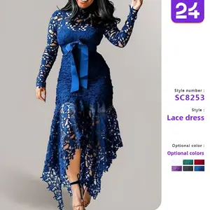 Women's irregular long sleeved stand up collar tie lace hollow dress ideal for parties and evenings