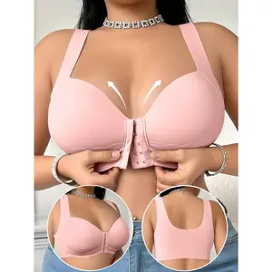Single-piece Women's Solid Color Plus-size Front-buttoned Bra with Shell Pattern Splicing Decoration, One-piece Wide Shoulder Strap, Non-detachable Chest Pad, No Steel Ring, Smooth Surface Lingerie, Women's Plus-size Bra and Lingerie