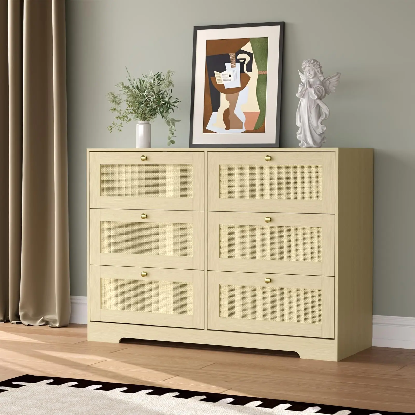 Modern 6-Drawer Rattan Dresser in Natural Oak, Wooden Closet Storage Organizer for Bedroom, Living Room, Entryway or Hallway, with Boho Design and Wood Handles - TikTok Shop Modern 6-Drawer Rattan Dresser in Natural Oak, Wooden Closet Storage Organizer for Bedroom, Living Room, Entryway or Hallway, with Boho Design and Wood Handles - TikTok Shop