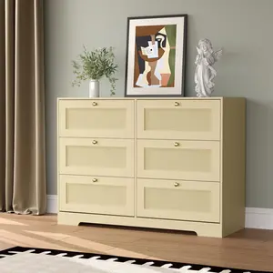 Modern 6-Drawer Rattan Dresser in Natural Oak, Wooden Closet Storage Organizer for Bedroom, Living Room, Entryway or Hallway, with Boho Design and Wood Handles