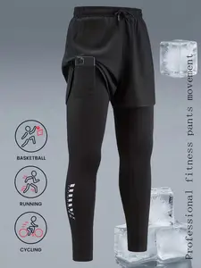 Men's 3-Piece 2-In-1 Gym Shorts with Pockets, High Elasticity Compression Fitness Pants, Indoor Gym Workout and Outdoor Sports, Training Cycling Shorts