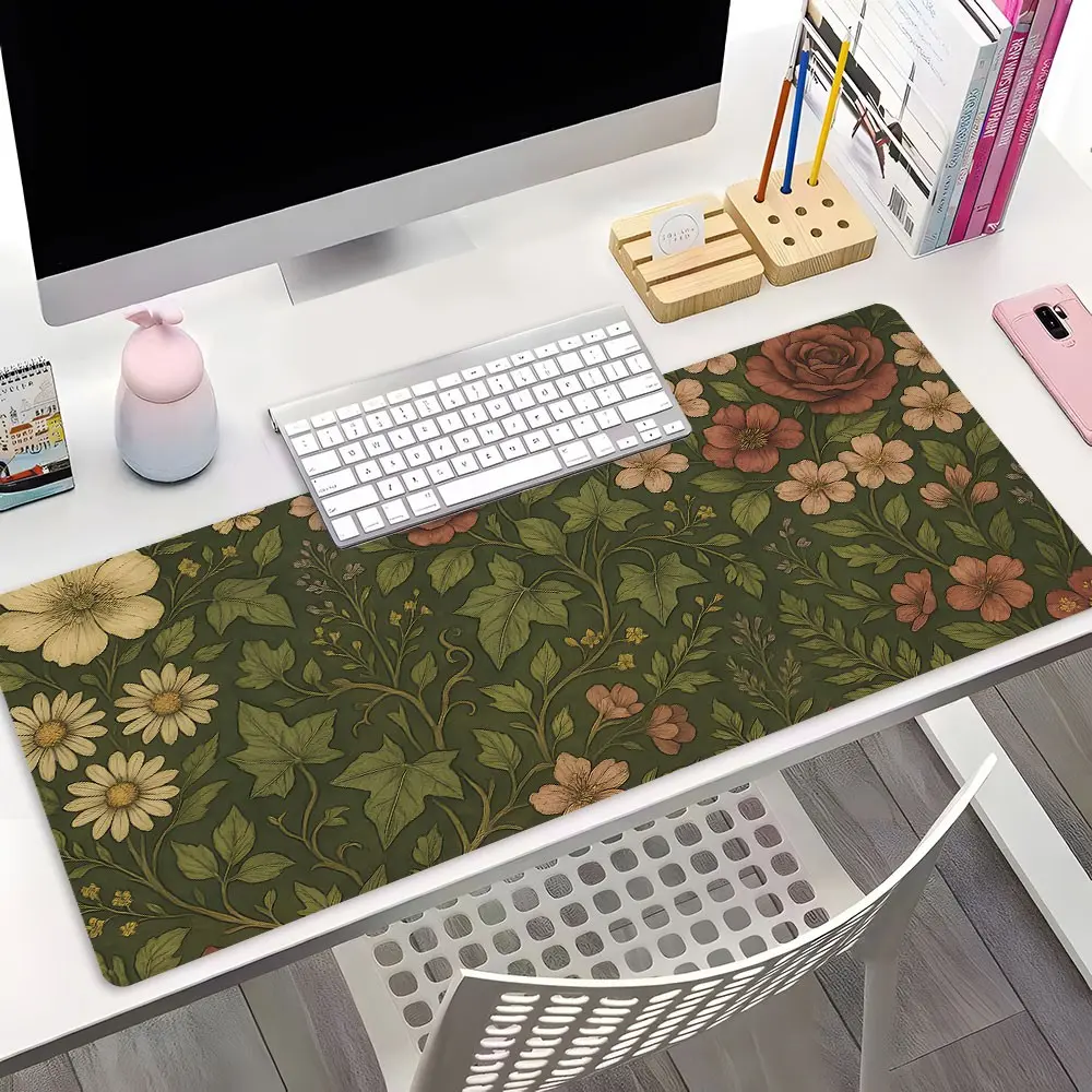 Vintage Botanical Floral Desk Mat XXL, Large Gaming Mouse Pad with Anti-Slip Base, William Morris Style Green Plant Desk Pad for Office & Gaming, Cottagecore Aesthetic Desk Mat, Unique Gift