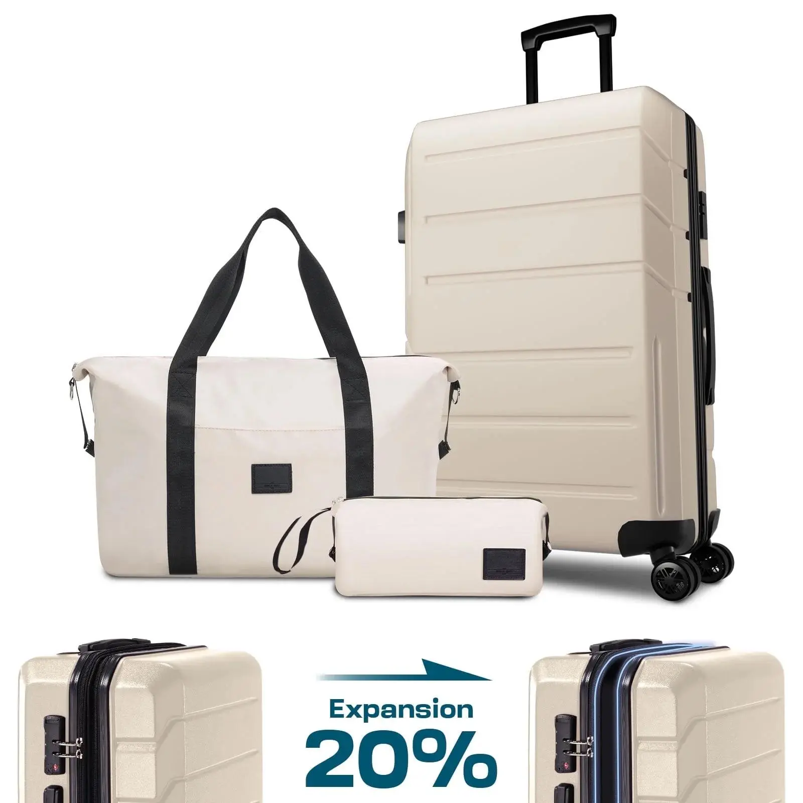3-Piece Luggage Set Expandable ABS+PC Hardshell Carry-On Suitcase with 360° Spinner Wheels & TSA Lock for Men & Women, Beige 20In Rolling Carry-On Suitcase for Travel, Business, Beige
