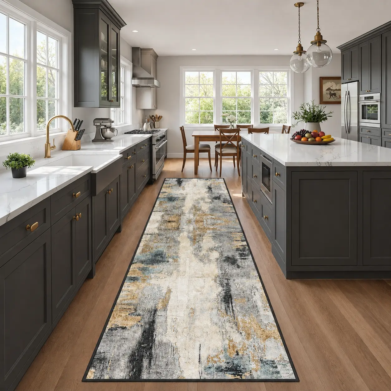 2x10’ Modern Abstract Runner Rug - Washable Non-Slip Printed Thin Distressed Gold & Grey Home Decor Rug for Hallway, Entryway, Abstract Rugs, Home Decor Rugs