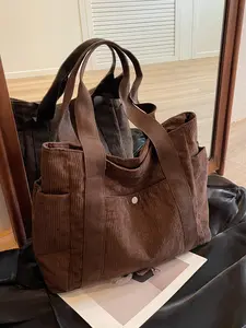 Vintage Coffee Color Corduroy Tote Bag, Large Capacity Multi-Pocket, Casual Versatile Shoulder Bag, Perfect for Everyday Use