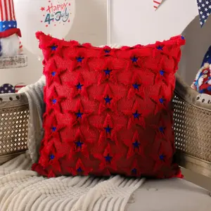 American Independence Day Pillow Cover, Patriotic Knitted Star Pillow Case, Base Blue Star Embroidery, 18x18 Inches, Home Decor