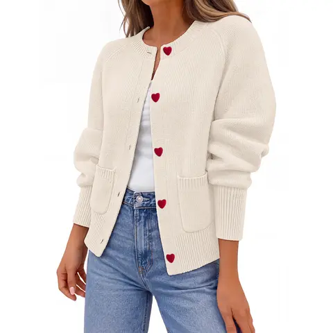 MEROKEETY Womens Fall Button Up Cute Open Front Cardigan Sweaters Trendy Sweater 2026, Long Sleeve, Heart-Shaped Buttons, Crewneck, Contrast Color, Loose Fit, With Pockets, Winter Clothing