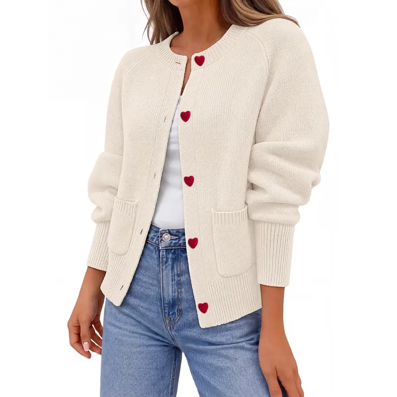 MEROKEETY Womens Fall Button Up Cute Open Front Cardigan Sweaters Trendy Sweater 2026, Long Sleeve, Heart-Shaped Buttons, Crewneck, Contrast Color, Loose Fit, With Pockets, Winter Clothing