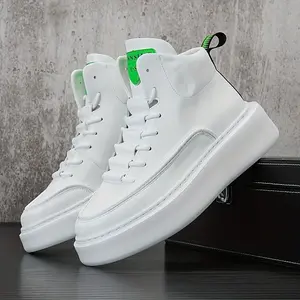 Men's Unisex Mid-Height Chunky Casual Sneakers - PU Upper, Comfy Non-Slip Solid White Lace-Up Runners for Outdoor Activity