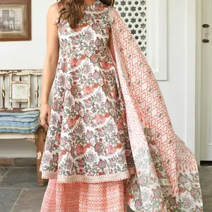 White Cotton Floral Block Print Kurta with Sharara and Dupatta