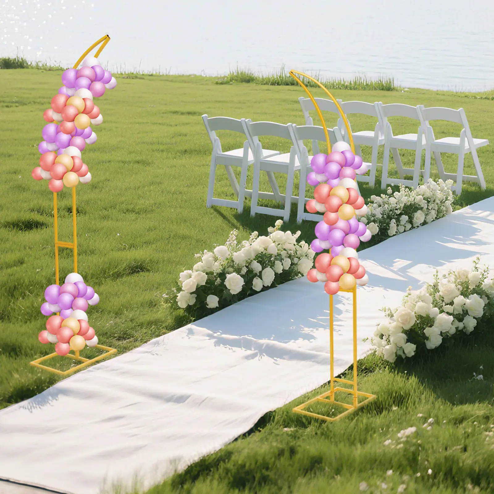 2-Pack Gold Steel Tube Wedding Arch Stand Set - 2.1m & 1.9m Tall Arch Shape Frame with High-Temp Paint, Floor-Standing Mount for Ceremonies Decor, 5kg Capacity Festive Party Backdrop Supply (Balloons Compatible)