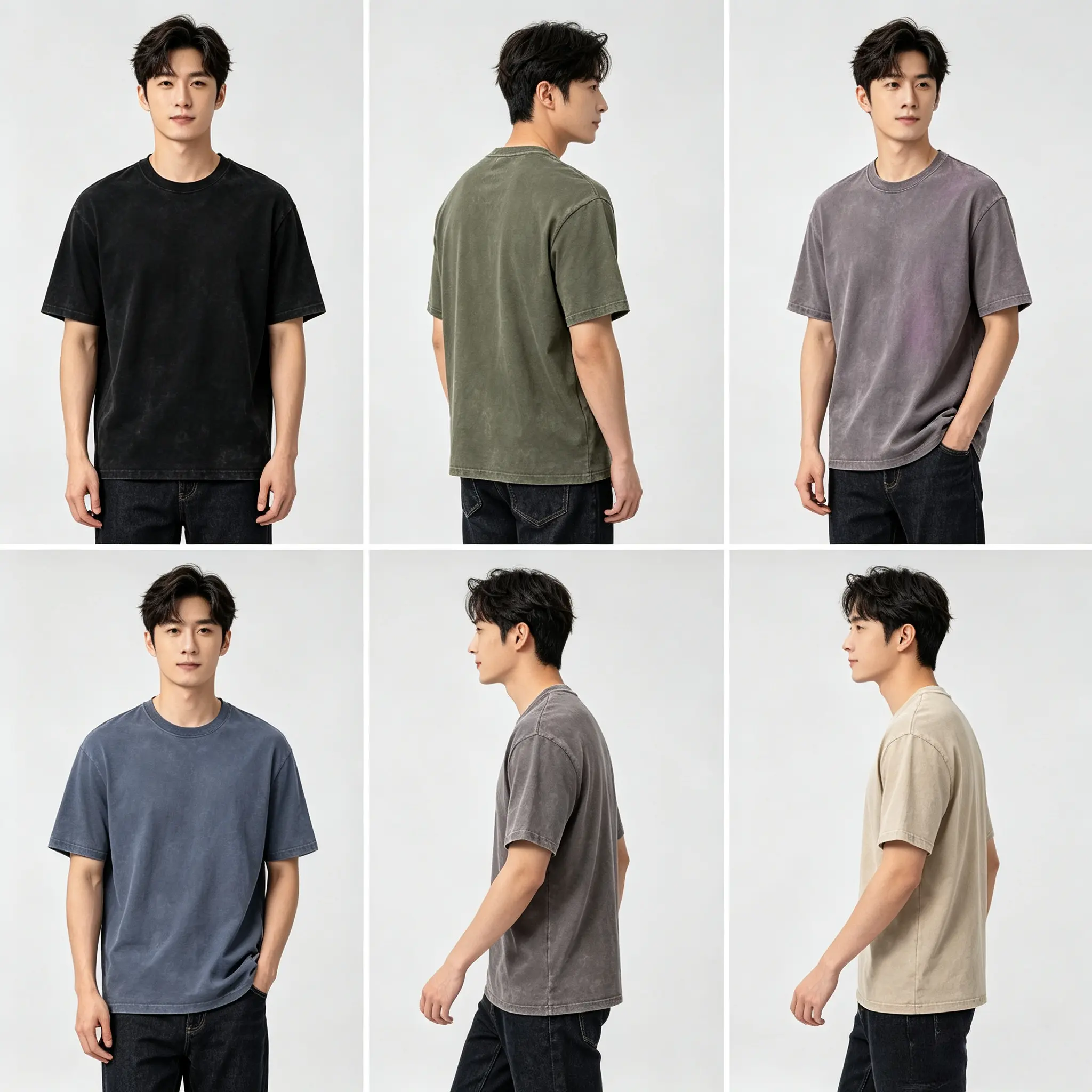 Men's 6-Piece Classic Streetwear T-Shirt Set - Loose-Fit Acid-Wash Cotton Shortsleeve Tops, Breathable Fabric, Retro Crew Neck, Fashionable Casual Everyday Wear $31.99, Menswear, Oversized, Outfits, Soft, Vintage, Basic