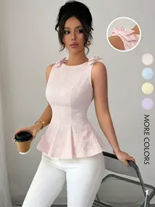 New Women's Woven Textured Small Flower Floral Fabric Shoulder Strap Bow Design Waist Cinching Fitted Hem Ruffle Fashion Versatile Elegant Sleeveless Vest Top