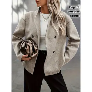 Elegant Double Breasted Jacket Notch Lapel Flap Pockets Fall Winter Outerwear Womenswear