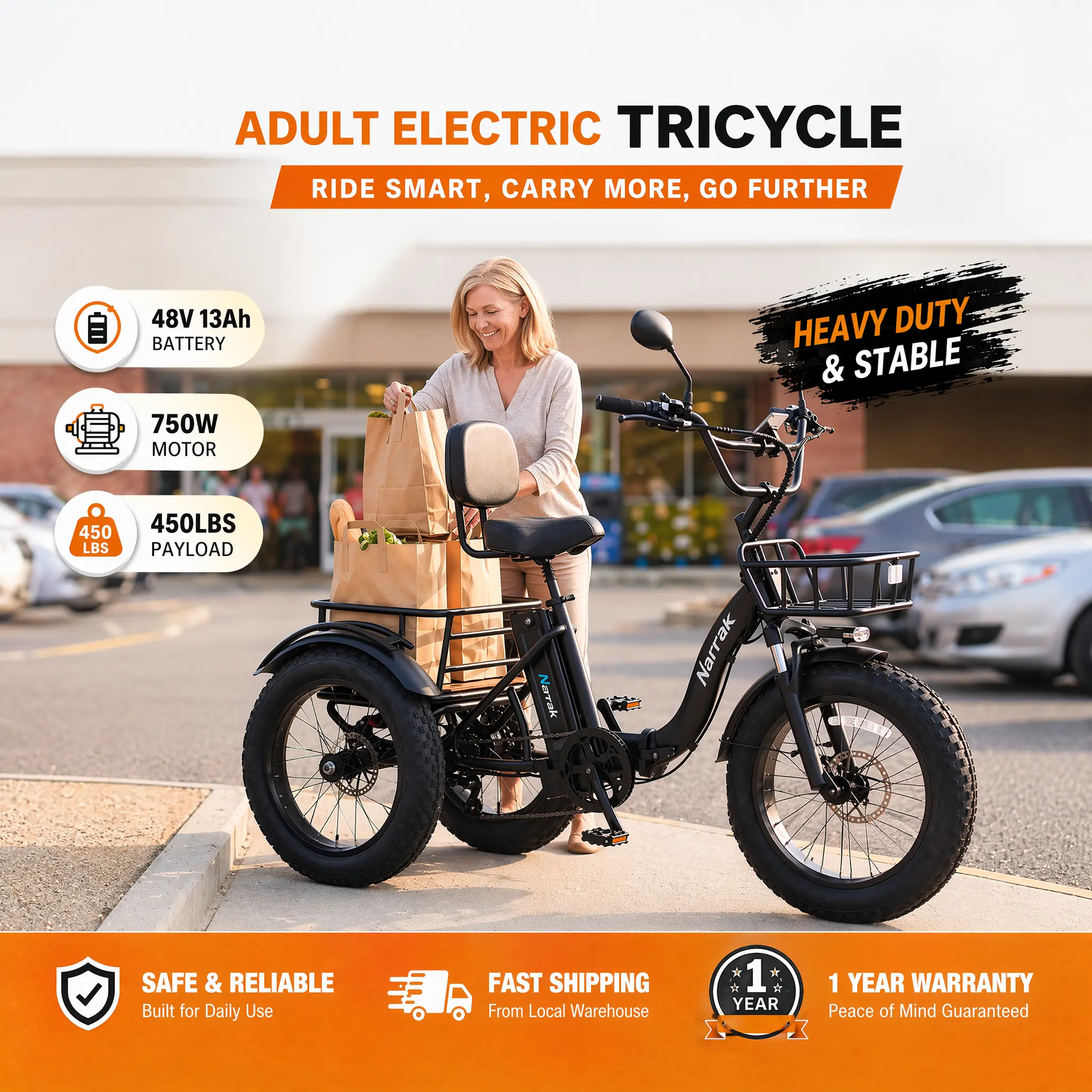 Electric Tricycle, Equipped with High Carbon Steel Frame, Full Suspension System, Peak 1350W Step-Thru Etrike, Fat Tire Folding Electric Trike S180, 3 Wheels Electric Bikes for Adults, Removable Battery and Large Basket for Women Men
