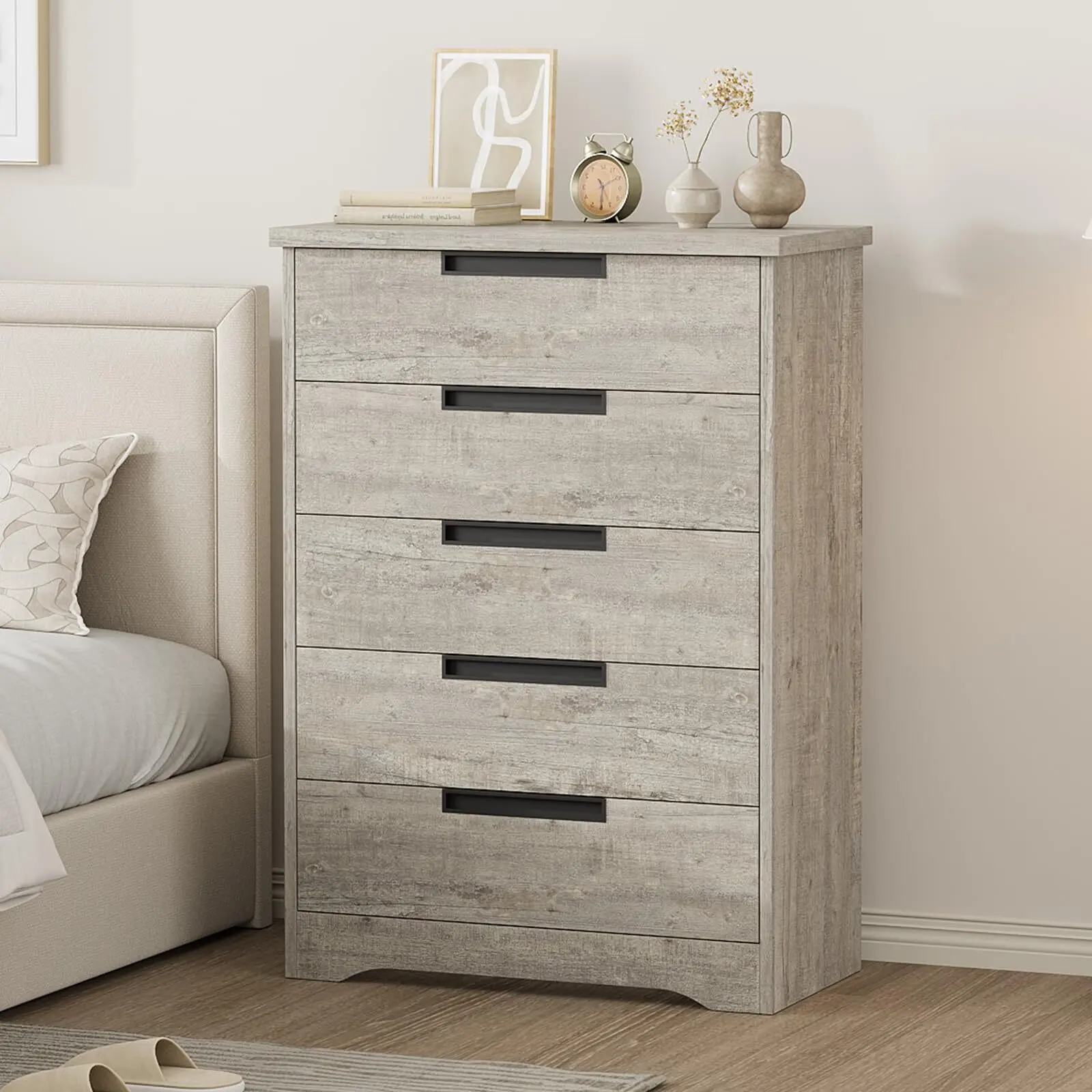 5 Drawer Gray Dresser with Embedded Handles Modern Wooden Storage Organizer for Bedroom Living Room Nursery Entryway