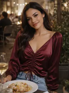 Midnight Luxe Satin Top - Silky Satin Finish, Adjustable Ruched Front, Flattering V-Neck, Long Sleeves, Perfect for Date Nights & Special Events - Fit, Shirts