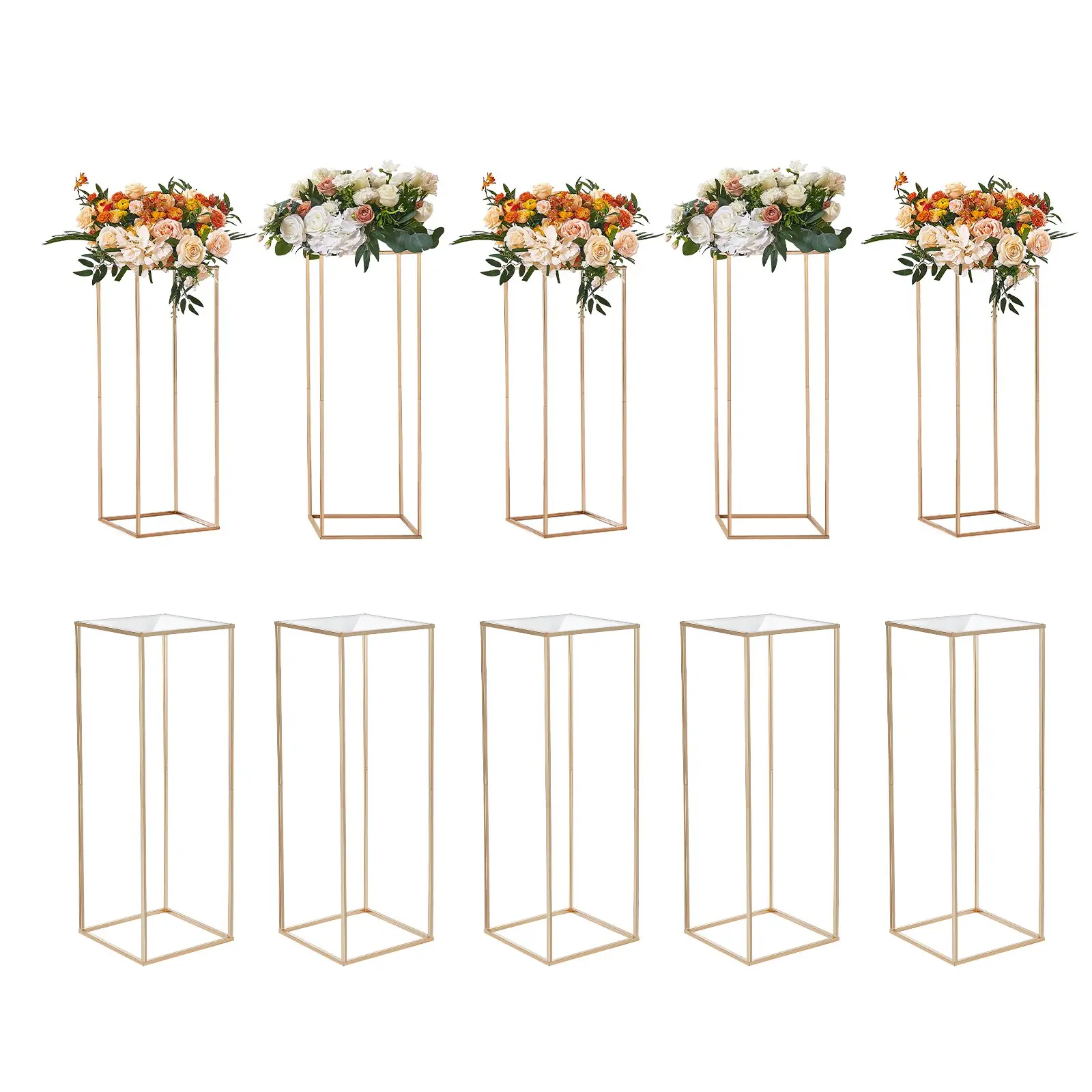 VEVOR 10PCS Metal-Iron Acrylic Classic Gold Geometric Rectangle Vase Columns (11.02x11.02x31.50in), Stable Laminate Floral Stands, 31.5 Inch Acrylic Shelves for Wedding Decorative Flower Ornaments Party Supplies