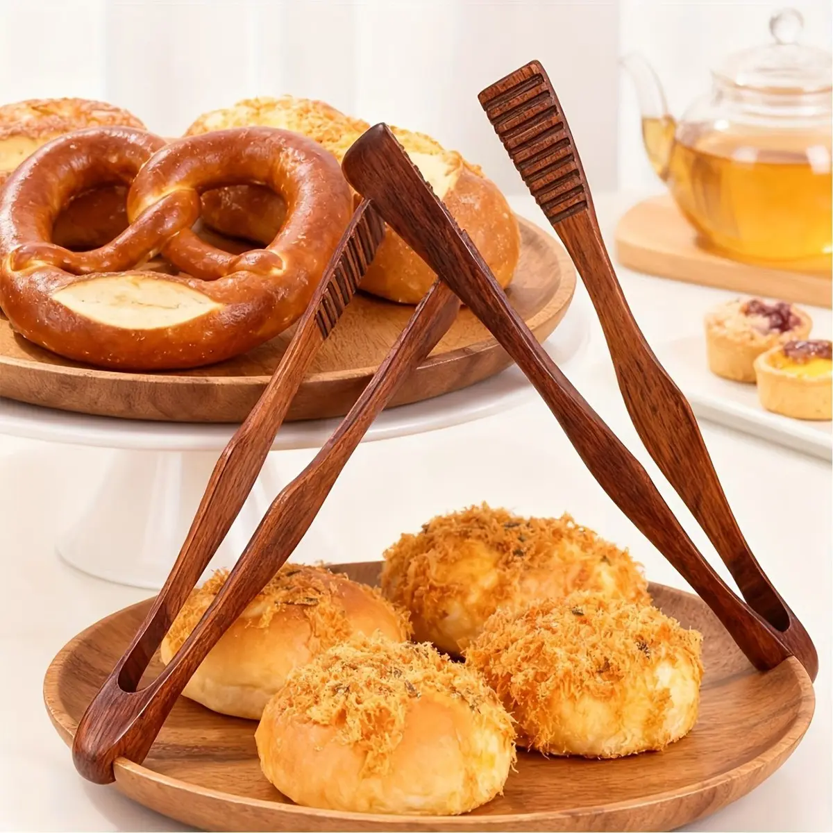 4-Piece Wooden BBQ Tongs, Bread Clips, Food Grips, Steak Holders, Heat-Resistant High-Quality Kitchen Tools, Barbecue Utensils, Ideal for Grilling, Frying, Serving, Parties
