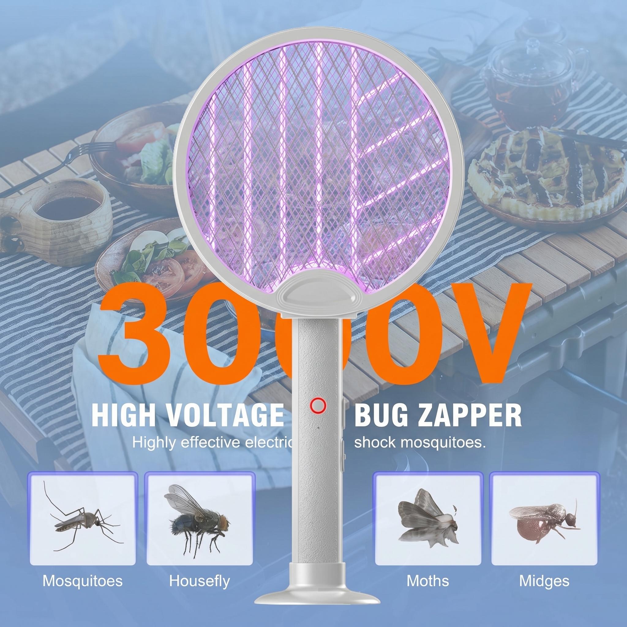 Foldable Electric Fly Swatter Racket 2-in-1 Bug Zapper, 3000V Mosquito Killer with Purple Attractant Light, 1200mAh USB Rechargeable with Support Base, Portable Handheld Mosquito & Insect Killer for Home, Office, Backyard, Patio, Camping